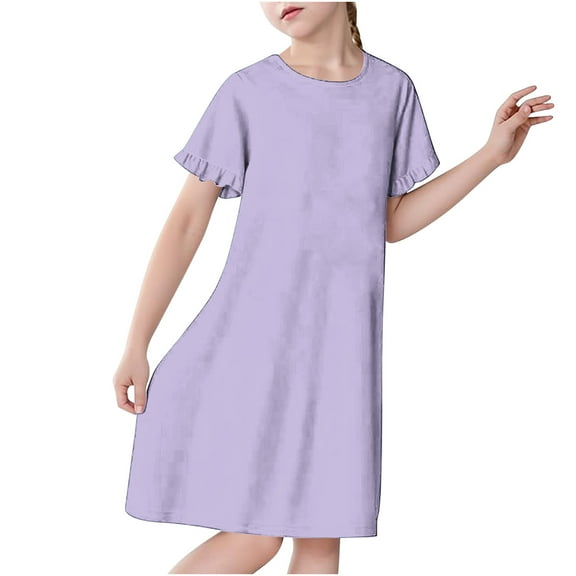 Lenpel Nightgowns for Toddler Girls Ruffle Short Sleeve Crew Neck Plaid Midi Pajama Dress Soft Comfy Nightdress 3-12 Y