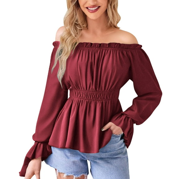 Lenpel Off the Shoulder Tops for Women Bell Long Sleeve Ruffle Trim Solid Color Vintage Peplum Tops Going out Blouses(Wine,Small)