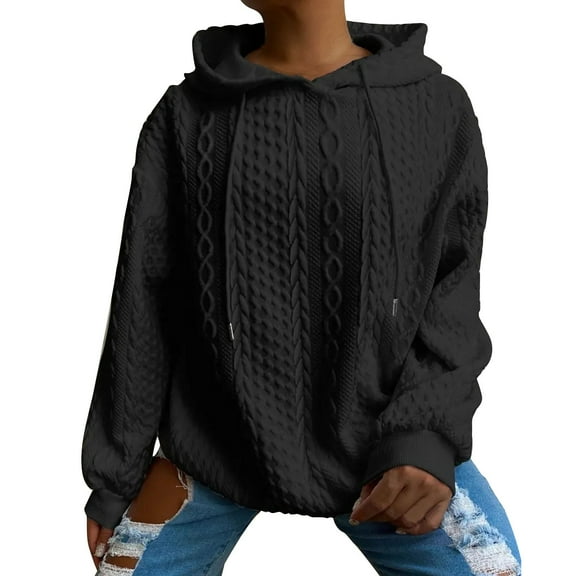 Lenpel Oversized Hoodies for Women Casual Long Sleeve Cable Hooded Pullover Sweatshirts Fashion Fall Winter Outfits(Black,X-Large)