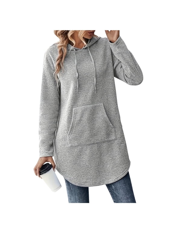 Oversized Hoodies for Women Long Sleeve Curved Hem Drawstring Hooded Pullover Sweatshirts Casual Loose Tunic Tops with Pocket(Gray,Large)