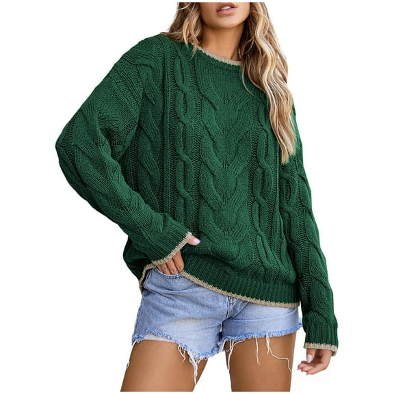 Lenpel Oversized Sweaters for Women Crew Neck Long Sleeve Chunky Cable Knit Pullover Tops Fashion Fall Winter Clothes(Green,X-Large)
