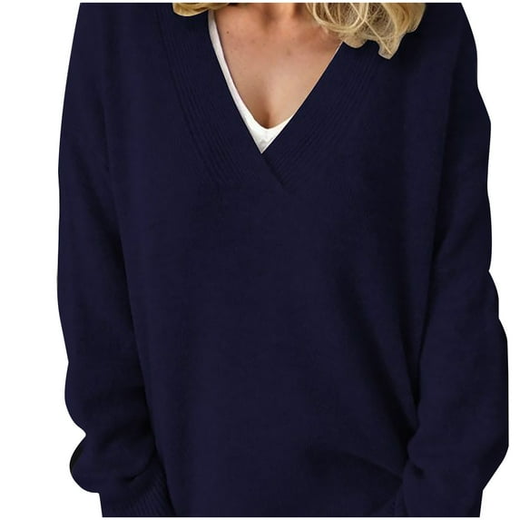 Lenpel Oversized Sweaters for Women Loose V Neck Long Sleeve Fall Knit Tops Lightweight Comfy Sweater Shirts