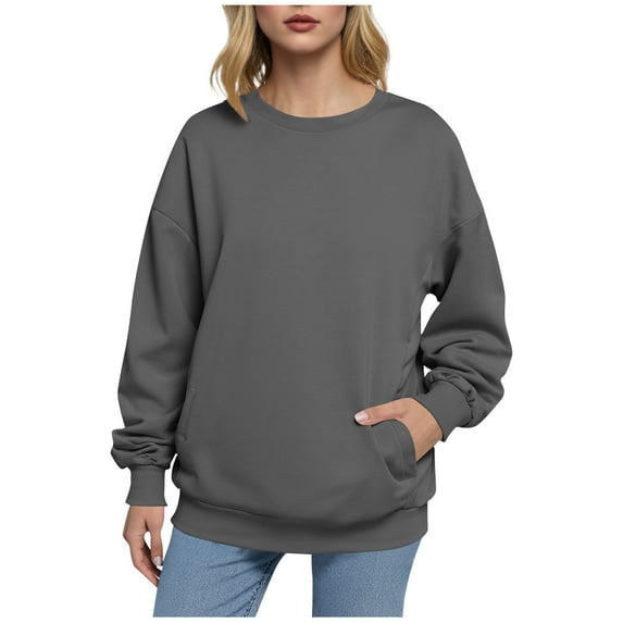 Lenpel Oversized Sweatshirt for Women Crewneck Long Sleeve Loose Pullover Sweatshirts Casual Sweater Tops with Pockets(Gray,Large)