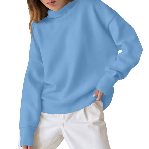 Lenpel Oversized Sweatshirt for Women Turtleneck Long Sleeve Plus Size Fleece Warm Pullover Sweater Tops Fall Winter Clothes(Sky Blue,X-Large)