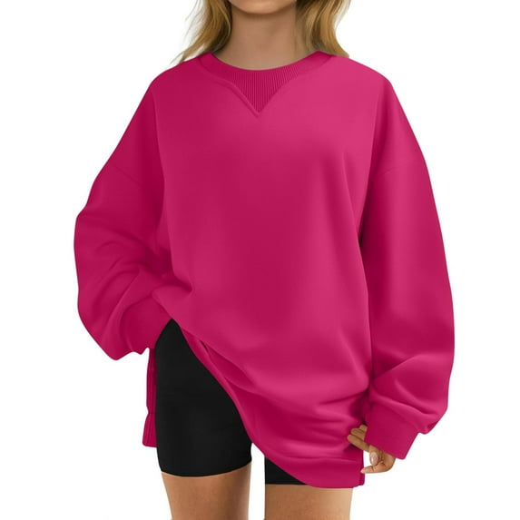 Lenpel Oversized Sweatshirts for Women Casual Loose Crewneck Long Sleeve Side Split Pullover Tunic Sweater Tops Fall Winter Outfits(Hot Pink,Small)