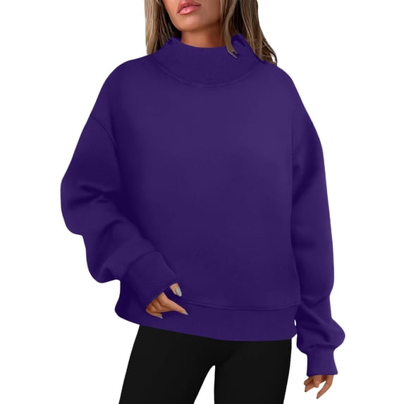 Lenpel Oversized Sweatshirts for Women Casual Mock Neck Long Sleeve Basic Shirts Loose Fit Solid Color Pullover Tops(Purple,Large)