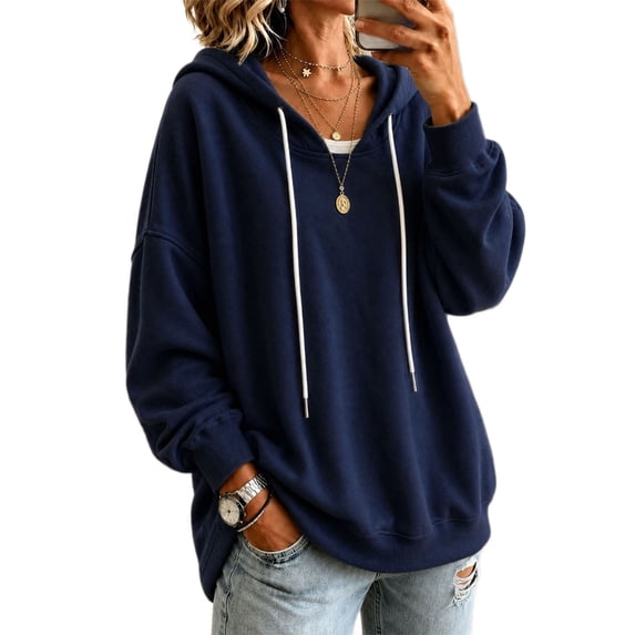 Lenpel Oversized Sweatshirts for Women Fall Trendy Drawstring Casual Loose Hoodies Comfy Long Sleeve Warm Pullover Tops(Navy,X-Large)