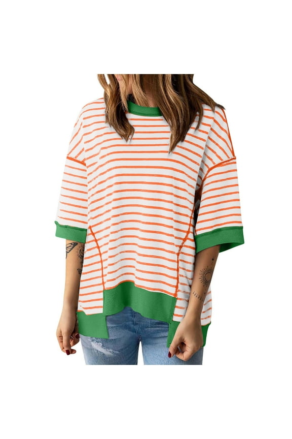 Oversized T Shirts for Women Striped Half Sleeve Crew Neck Color Block High Low Casual Tops Loose Trendy Tees