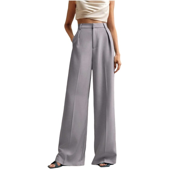 Lenpel Palazzo Pants for Women Business Casual High Waisted Pleated Wide Leg Dress Pants Baggy Work Trousers with Pockets(Gray,Small)