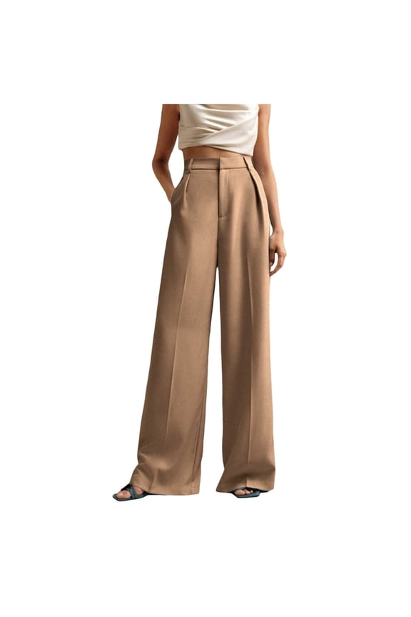 Palazzo Pants for Women Business Casual High Waisted Pleated Wide Leg Dress Pants Baggy Work Trousers with Pockets(Khaki,Medium)