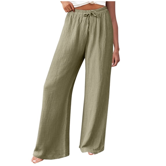 Lenpel Palazzo Pants for Women Drawstring Elastic High Waisted Pleated Wide Leg Pants Baggy Casual Beach Trousers