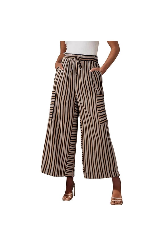 Palazzo Pants for Women Elastic High Waisted Drawstring Striped Wide Leg Pants Travel Casual Trousers with Pockets(Brown,Small)