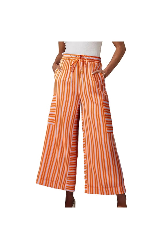 Palazzo Pants for Women Elastic High Waisted Drawstring Striped Wide Leg Pants Travel Casual Trousers with Pockets(Gold,Small)