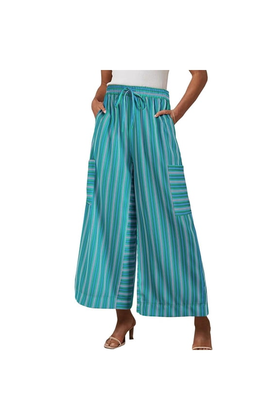 Palazzo Pants for Women Elastic High Waisted Drawstring Striped Wide Leg Pants Travel Casual Trousers with Pockets(Sky Blue,Small)