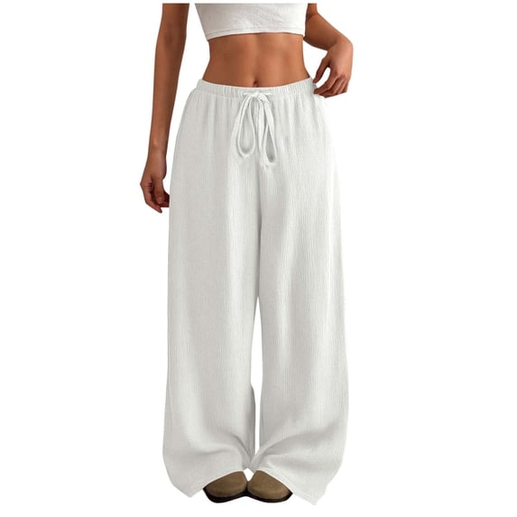 Lenpel Palazzo Pants for Women Elastic High Waisted Drawstring Textured Wide Leg Pants Baggy Casual Trousers with Pockets