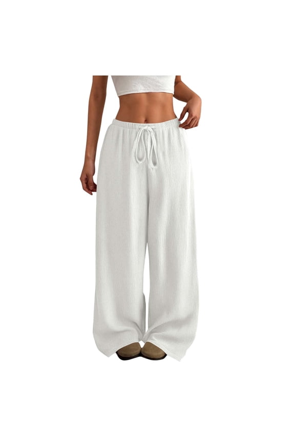 Palazzo Pants for Women Elastic High Waisted Drawstring Textured Wide Leg Pants Baggy Casual Trousers with Pockets