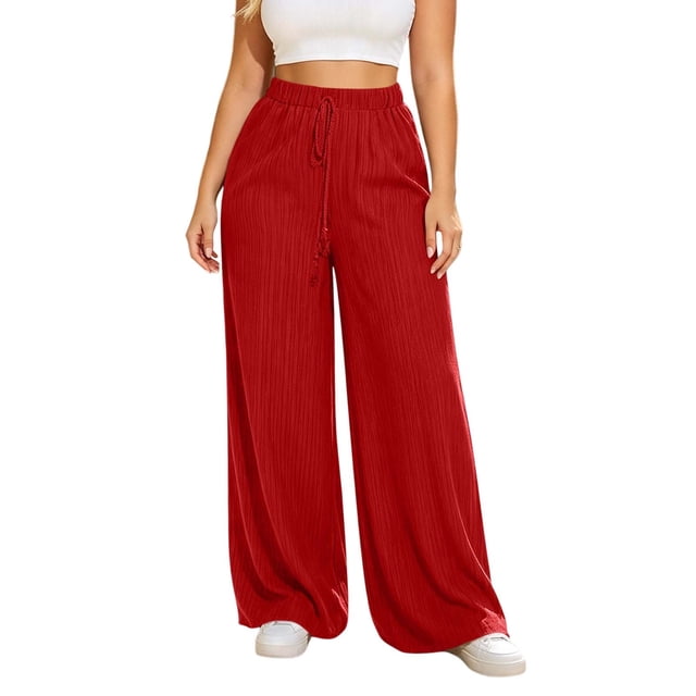 Lenpel Palazzo Pants for Women Fall Wide Leg Drawstring High Waisted ...