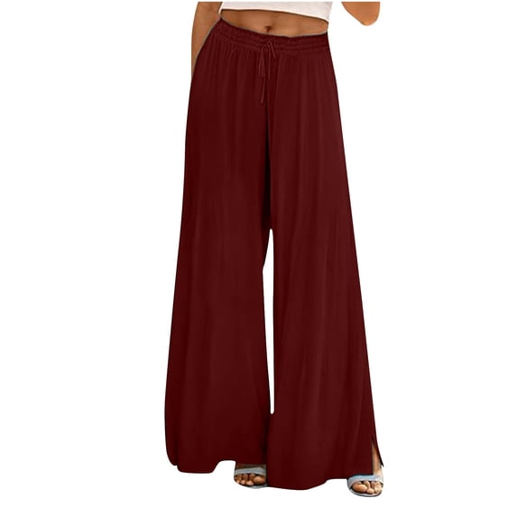Lenpel Palazzo Pants for Women High Waisted Drawstring Wide Leg Lounge Pants Summer Beach Trousers with Pockets