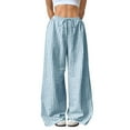 thumbnail image 1 of Lenpel Palazzo Pants for Women Lightweight Elastic High Waisted Drawstring Pleated Striped Wide Leg Pants Baggy Casual Trousers(Sky Blue,Small), 1 of 7