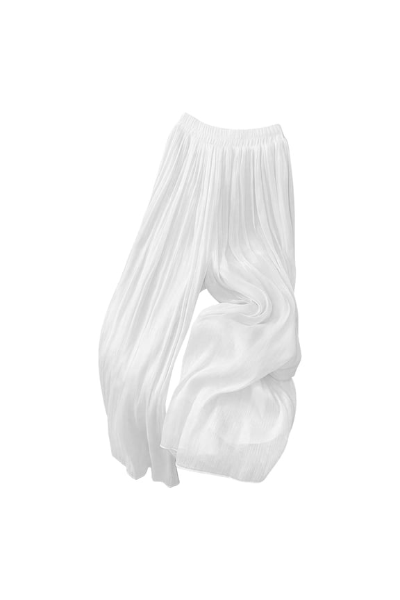 Palazzo Pants for Women Lightweight Elastic High Waisted Pleated Wide Leg Pants Baggy Flowy Casual Trousers(White,Small)