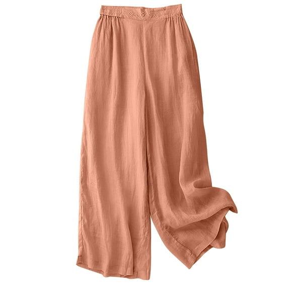 Lenpel Palazzo Pants for Women Plus Size Elastic High Waisted Wide Leg Cotton Linen Pants Baggy Beach Casual Trousers(Orange,X-Large)