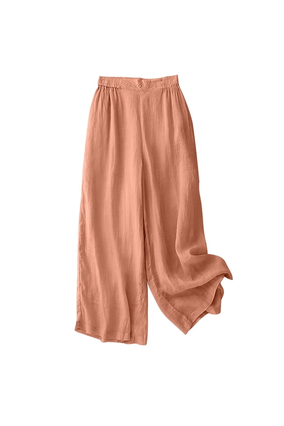 Palazzo Pants for Women Plus Size Elastic High Waisted Wide Leg Cotton Linen Pants Baggy Beach Casual Trousers(Orange,XX-Large)
