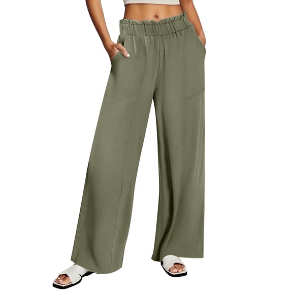 Lenpel Palazzo Pants for Women Ruffle Elastic High Waisted Wide Leg Pants Baggy Casual Trousers with Pockets(Army Green,X-Large)