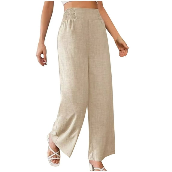 Lenpel Palazzo Pants for Women Trendy Elastic High Waisted Wide Leg Work Dress Pants Business Casual Trousers(Beige,Small)
