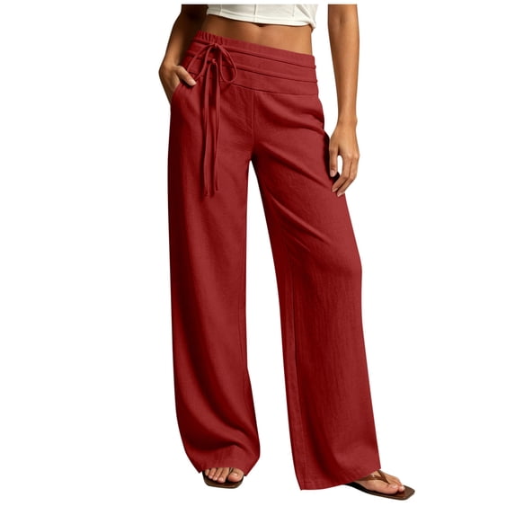 Lenpel Pants for Women Cotton Linen Loose Flowy Drawstring Pants Summer Casual Wide Leg Beach Trousers with Pockets