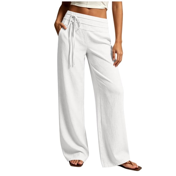 Lenpel Pants for Women Cotton Linen Loose Flowy Drawstring Pants Summer Casual Wide Leg Beach Trousers with Pockets
