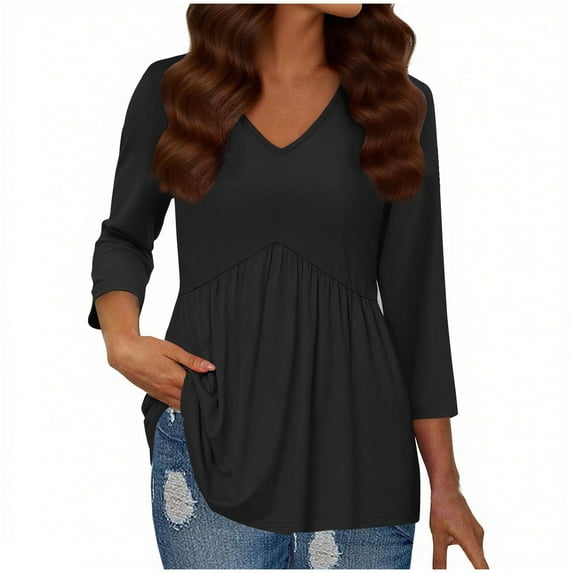 Lenpel Peplum Tops for Women 3/4 Length Sleeve V Neck Babydoll T Shirts Dressy Casual Tees Tunic Tee Blouses(Black,XX-Large)