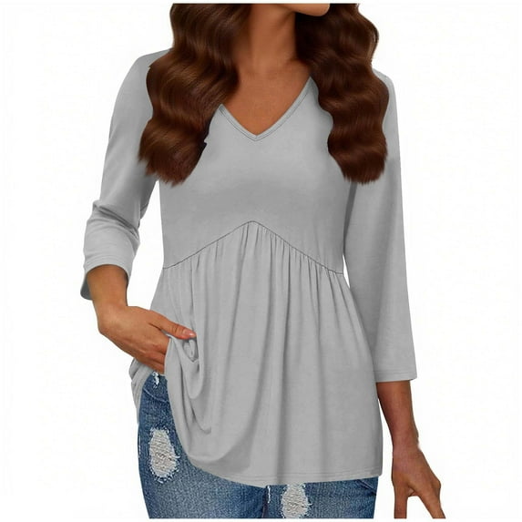 Lenpel Peplum Tops for Women 3/4 Length Sleeve V Neck Babydoll T Shirts Dressy Casual Tees Tunic Tee Blouses(Gray,X-Large)