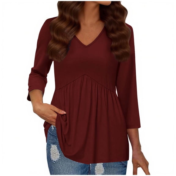 Lenpel Peplum Tops for Women 3/4 Length Sleeve V Neck Babydoll T Shirts Dressy Casual Tees Tunic Tee Blouses(Wine,Small)