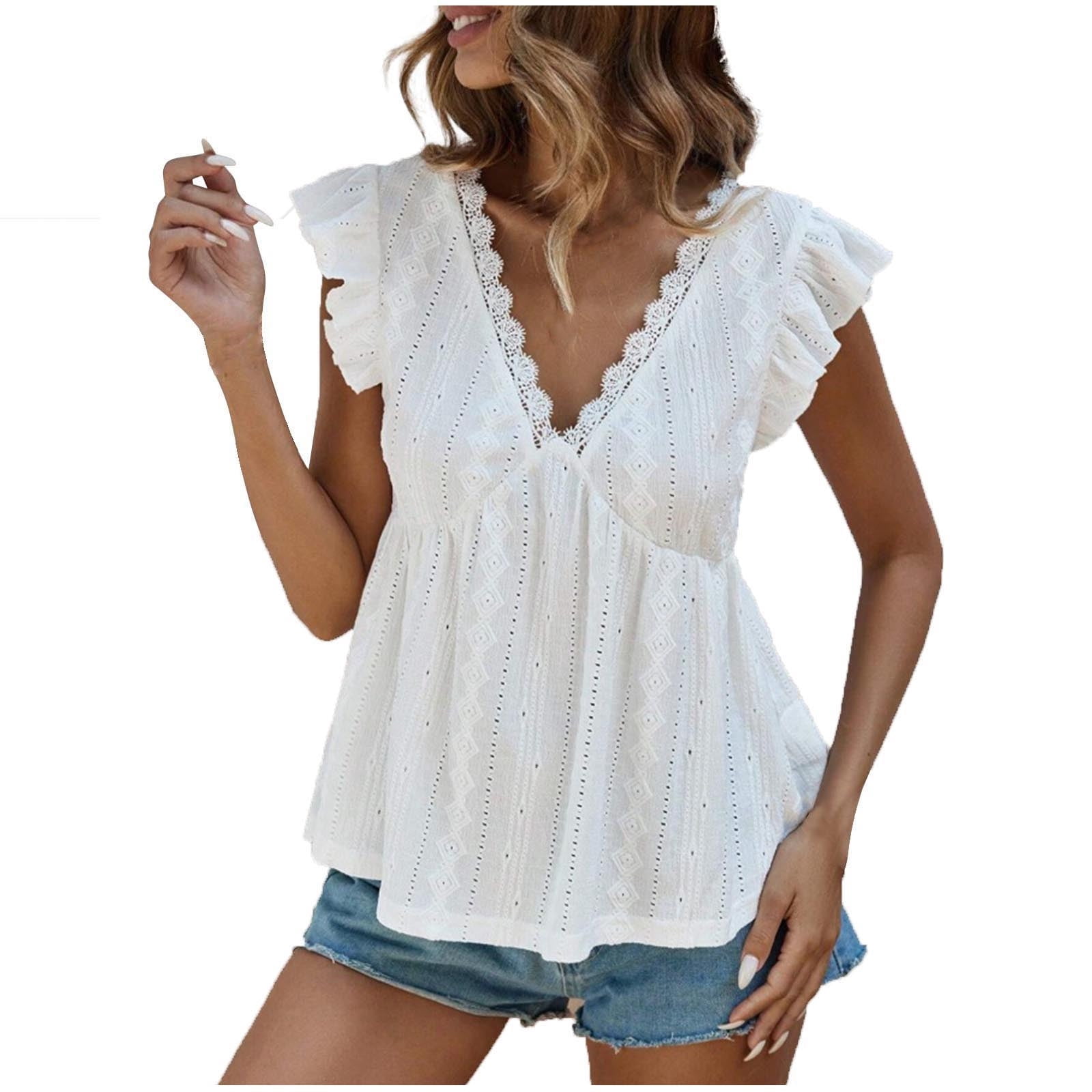 Lenpel Peplum Tops for Women Ruffle Short Sleeve Lace Deep V Neck ...