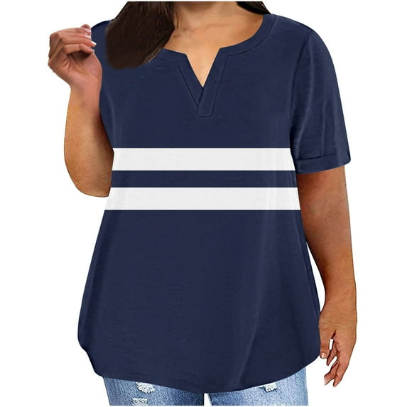 Lenpel Plus Size Tops for Women Fashion Summer Short Sleeve V Neck Striped Color Block T Shirts Casual Tunic Tees
