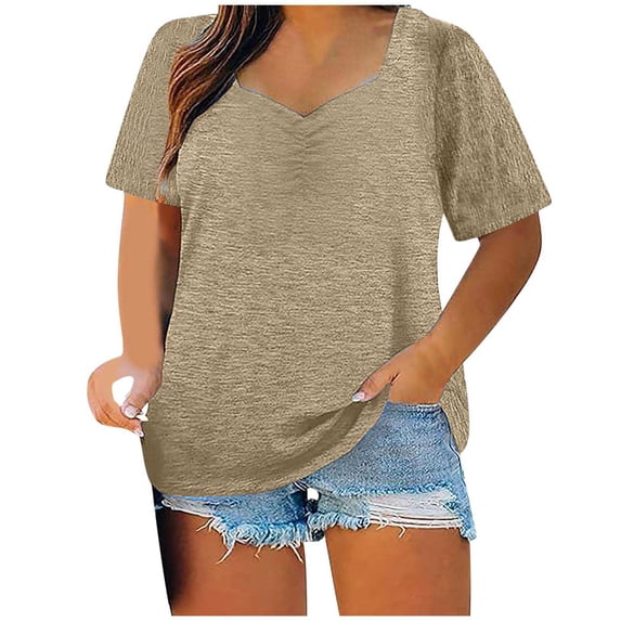 Lenpel Plus Size Tops for Women Summer Casual Square Neck Solid Color Short Sleeve T Shirts Tunic Tee Blouses