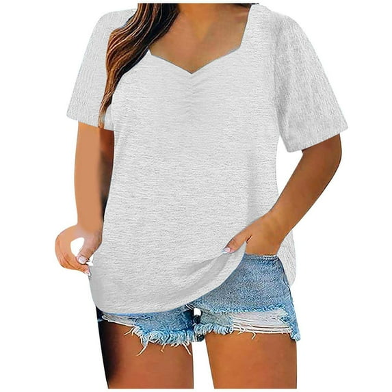 Lenpel Plus Size Tops for Women Summer Casual Square Neck Solid Color Short Sleeve T Shirts Tunic Tee Blouses