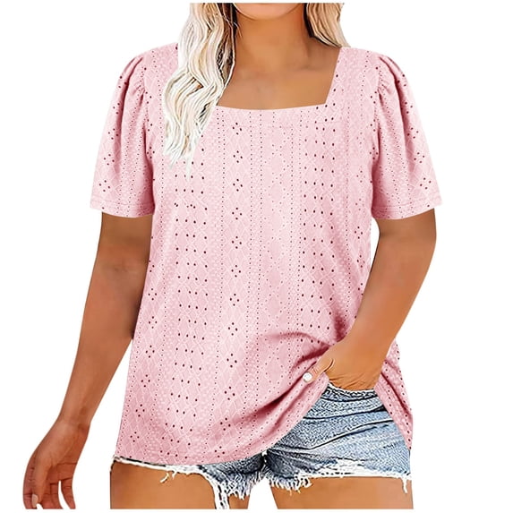 Lenpel Plus Size Tops for Women Trendy Puff Short Sleeve Square Neck Eyelet Embroidered T Shirts Casual Loose Blouses