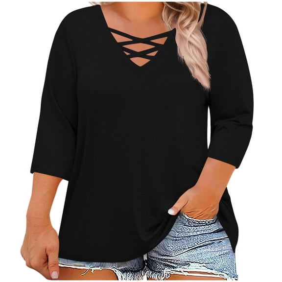 Lenpel Plus Size Tops for Women 3/4 Length Sleeve Criss Cross V Neck T Shirts Loose Tunic Blouses Soft Casual Tees(Black,3X-Large)