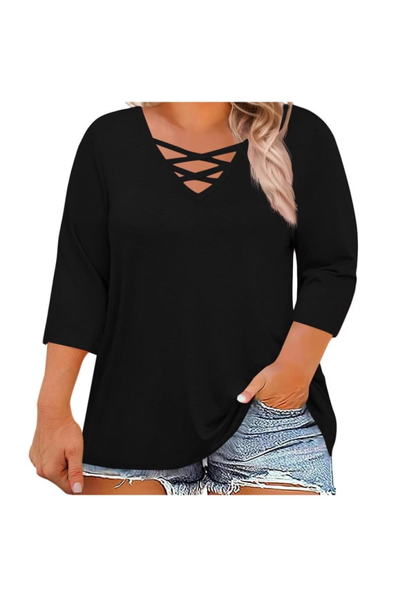 Plus Size Tops for Women 3/4 Length Sleeve Criss Cross V Neck T Shirts Loose Tunic Blouses Soft Casual Tees(Black,3X-Large)