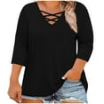 thumbnail image 1 of Lenpel Plus Size Tops for Women 3/4 Length Sleeve Criss Cross V Neck T Shirts Loose Tunic Blouses Soft Casual Tees(Black,Large), 1 of 6