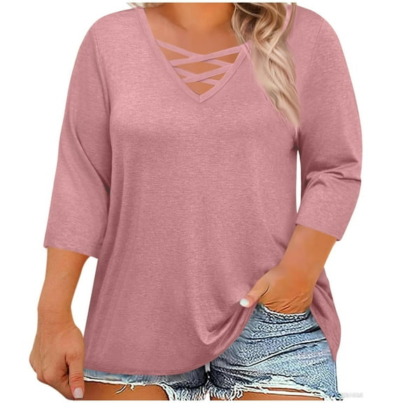 Lenpel Plus Size Tops for Women 3/4 Length Sleeve Criss Cross V Neck T Shirts Loose Tunic Blouses Soft Casual Tees(Pink,XX-Large)