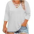 thumbnail image 1 of Lenpel Plus Size Tops for Women 3/4 Length Sleeve Criss Cross V Neck T Shirts Loose Tunic Blouses Soft Casual Tees(White,X-Large), 1 of 6