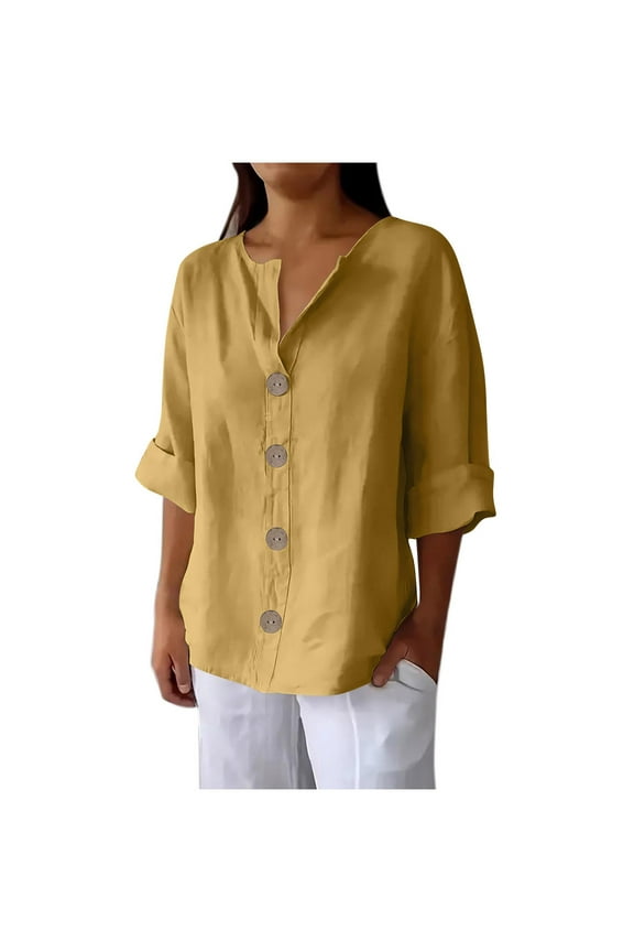 Plus Size Tops for Women 3/4 Length Sleeve V Neck Button Front Cotton Linen T-Shirts Casual Loose Blouses