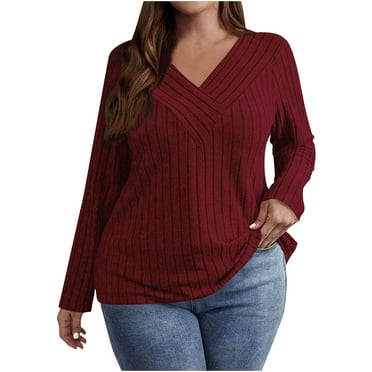 Lenpel Plus Size Tops for Women Long Sleeve V Neck Ribbed Knit Pullover Tunic Tops Lightweight Fall Sweaters