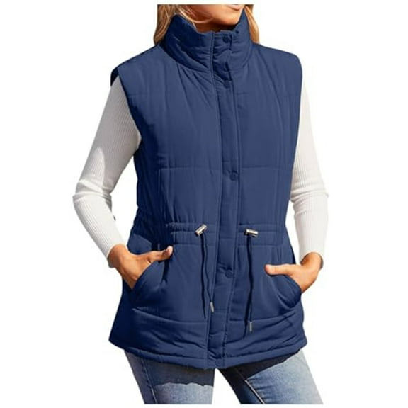 Lenpel Puffer Vest for Women Stand Collar Zip up Button Sleeveless Padded Jacket Winter Wram Coat with Pockets