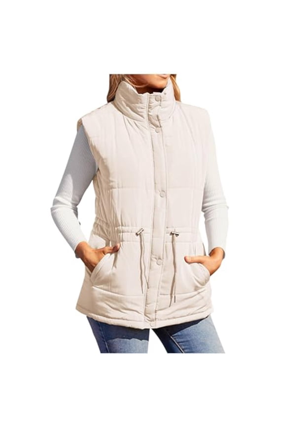 Puffer Vest for Women Stand Collar Zip up Button Sleeveless Padded Jacket Winter Wram Coat with Pockets