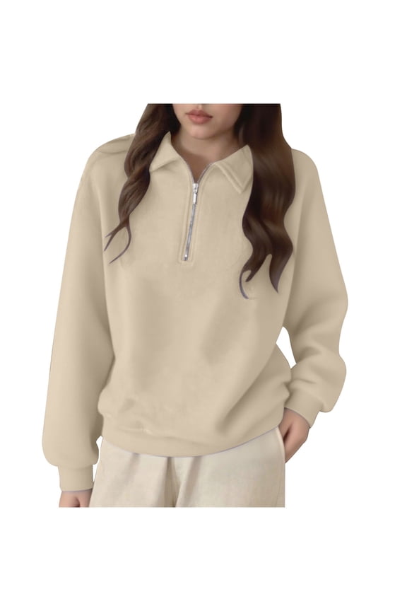 Pullover Sweatshirts for Women Trendy Half Zip Lapel Solid Color Casual Fashion Pullovers Fall Winter Clothes(Beige,Large)