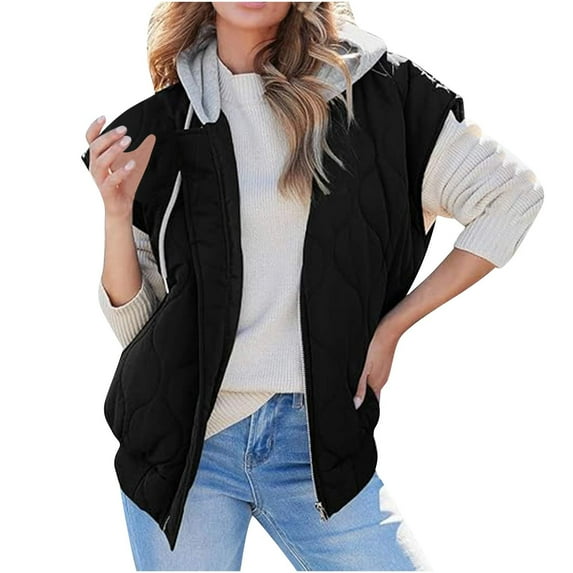 Lenpel Quilted Vests for Women Sleeveless Full Zip up Drawstring Hoodies Jackets Winter Warm Vest with Pockets