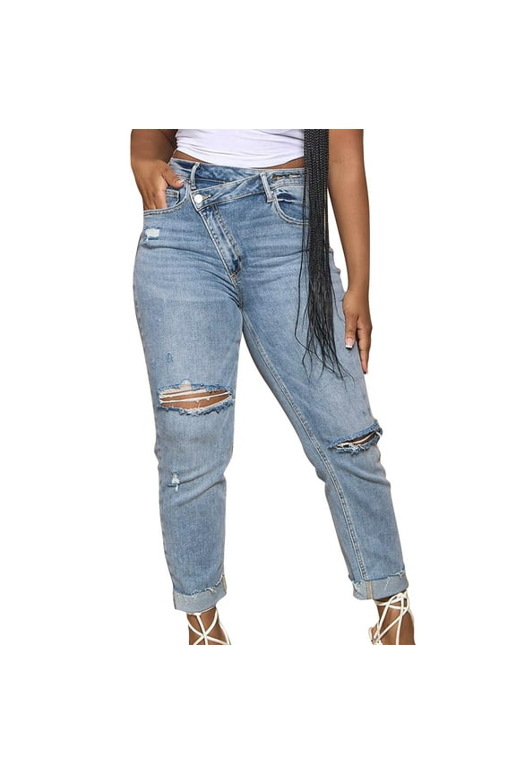 Ripped Skinny Jeans for Women Crossover High Waisted Stretchy Boyfriend Jeans Trendy Streetwear Denim Pants